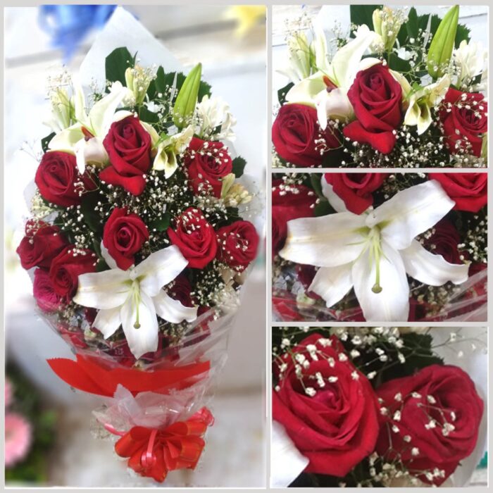 Red Rose and White Lily Flower Bouquet - Image 1