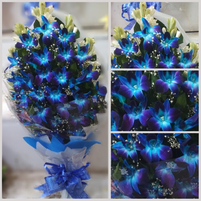 Blue Orchid and Rajanigandha Flower Bouquet - Image 1
