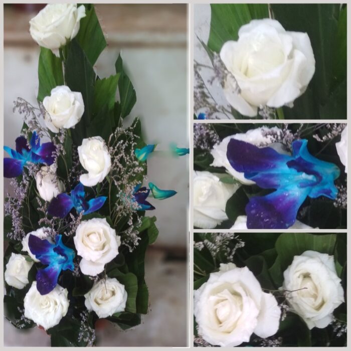Blue Orchid and White Rose Flower Bouquet - Image 1